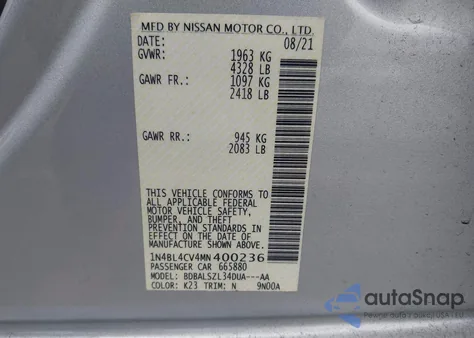 2021 Nissan Altima Sr Fwd из США, поврежденный, VIN 1N4BL4CV4MN400236